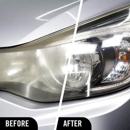 Car headlight before and after treatment using Headlight renewal wipes