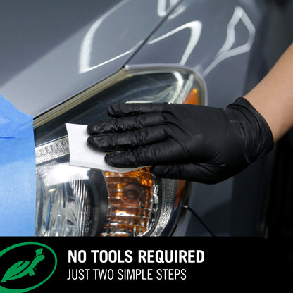 Person cleaning a car headlight with a white cloth and black gloves, with text 'No tools required, just two simple steps' at the bottom.