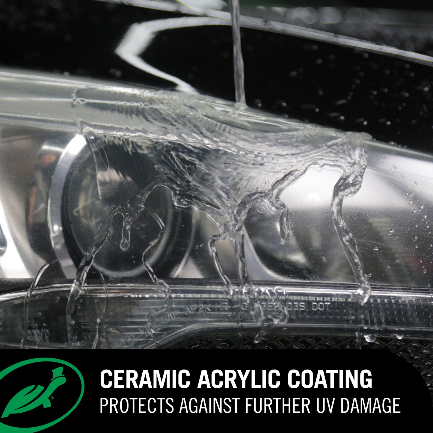 Car headlight with water droplets demonstrating ceramic acrylic coating, with text about UV protection.