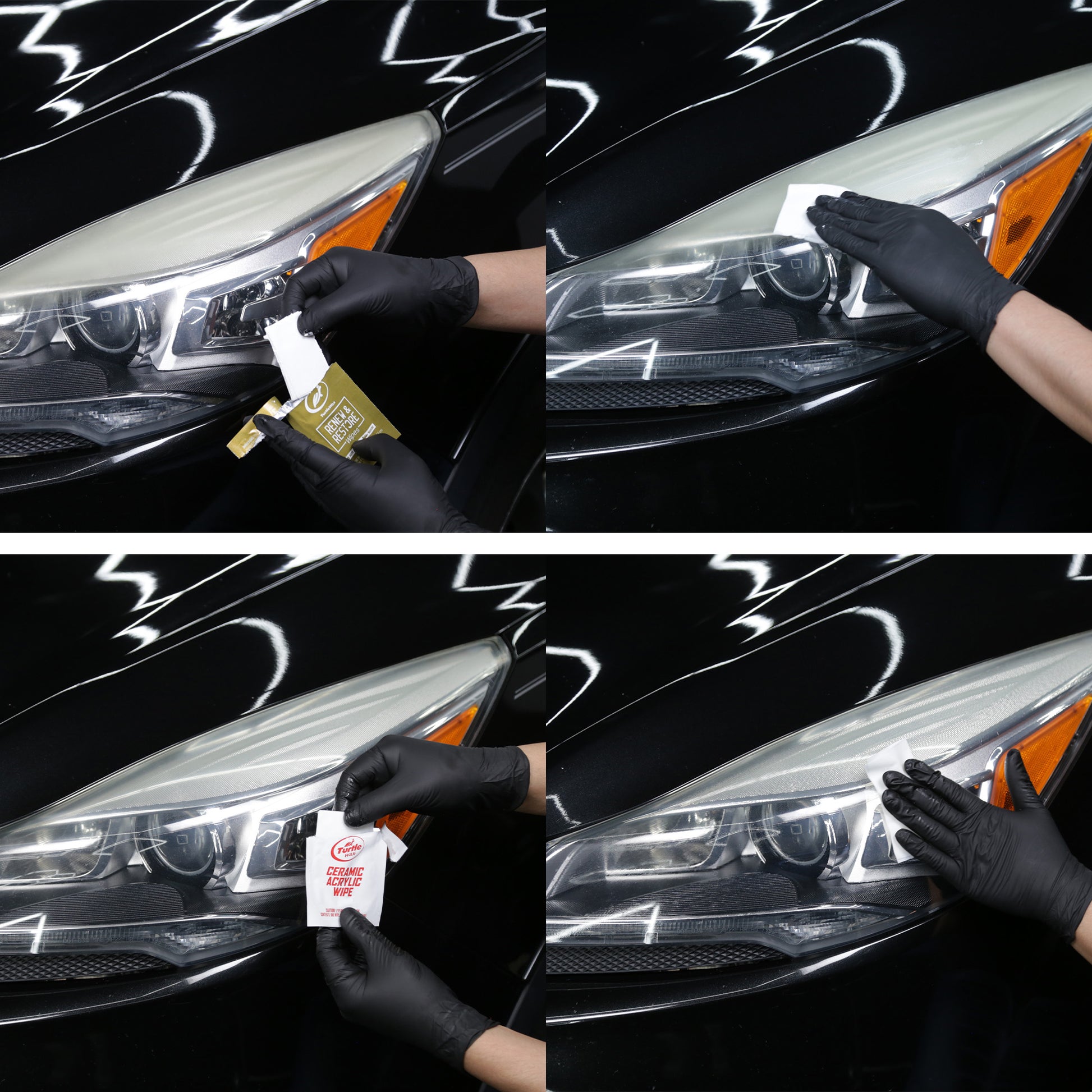 Step-by-step process of applying a car headlight protective film with gloved hands.
