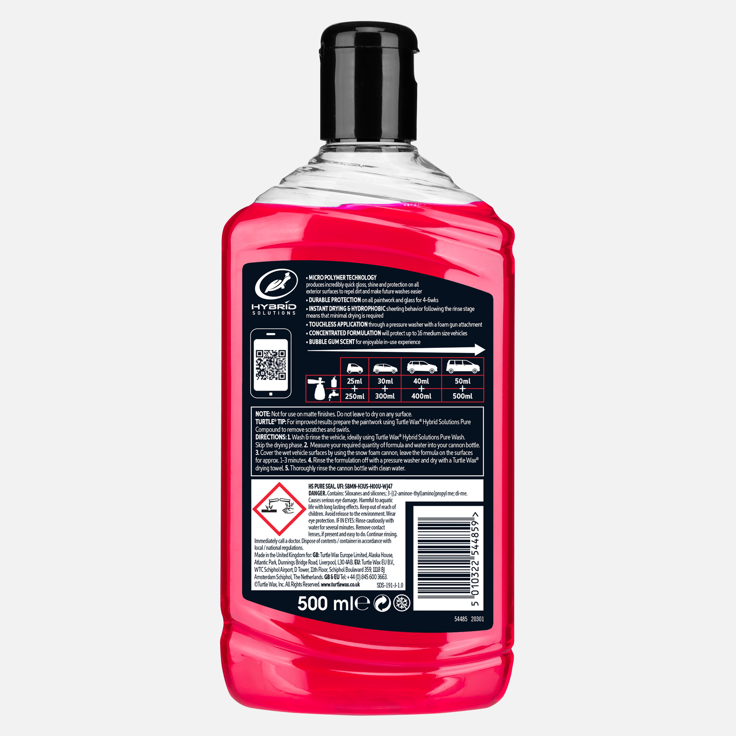 Turtle Wax Hybrid Solution: Touchless vehicle sealant for pressure washers. Provides durable paintwork protection and instant hydrophobic drying. 500ml.