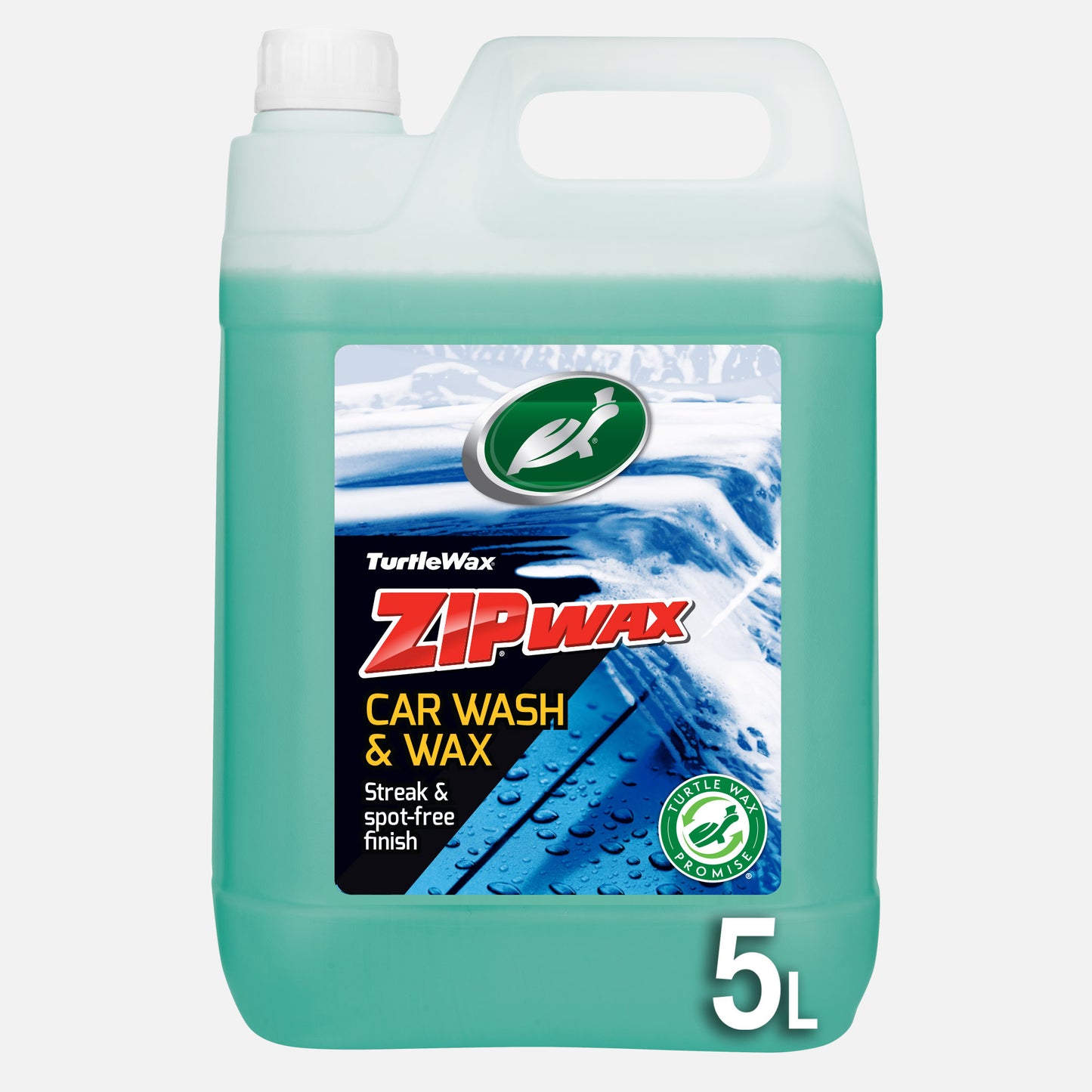 Turtle Wax Zip Wax Car Wash & Wax 5L bottle. Cleans, shines, and protects your vehicle. Streak-free finish with added Carnauba wax.