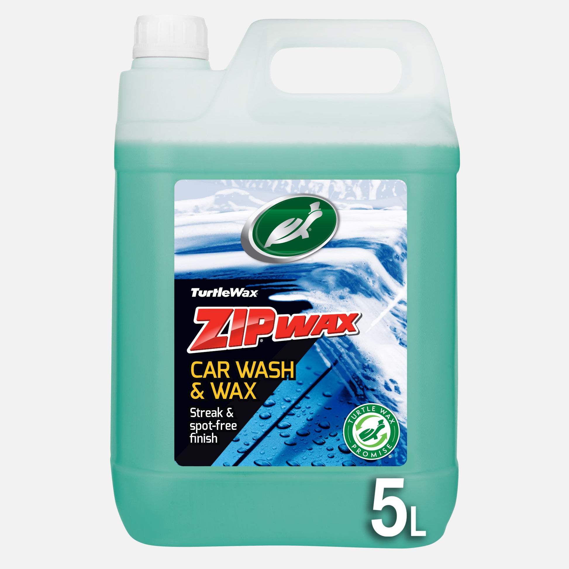 Turtle Wax Zip Wax Car Wash & Wax 5L bottle. Cleans, shines, and protects your vehicle. Streak-free finish with added Carnauba wax.