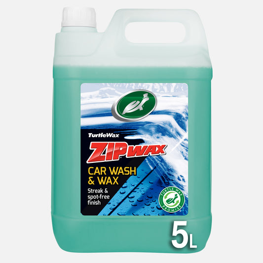 Turtle Wax Zip Wax Car Wash & Wax 5L bottle. Cleans, shines, and protects your vehicle. Streak-free finish with added Carnauba wax.