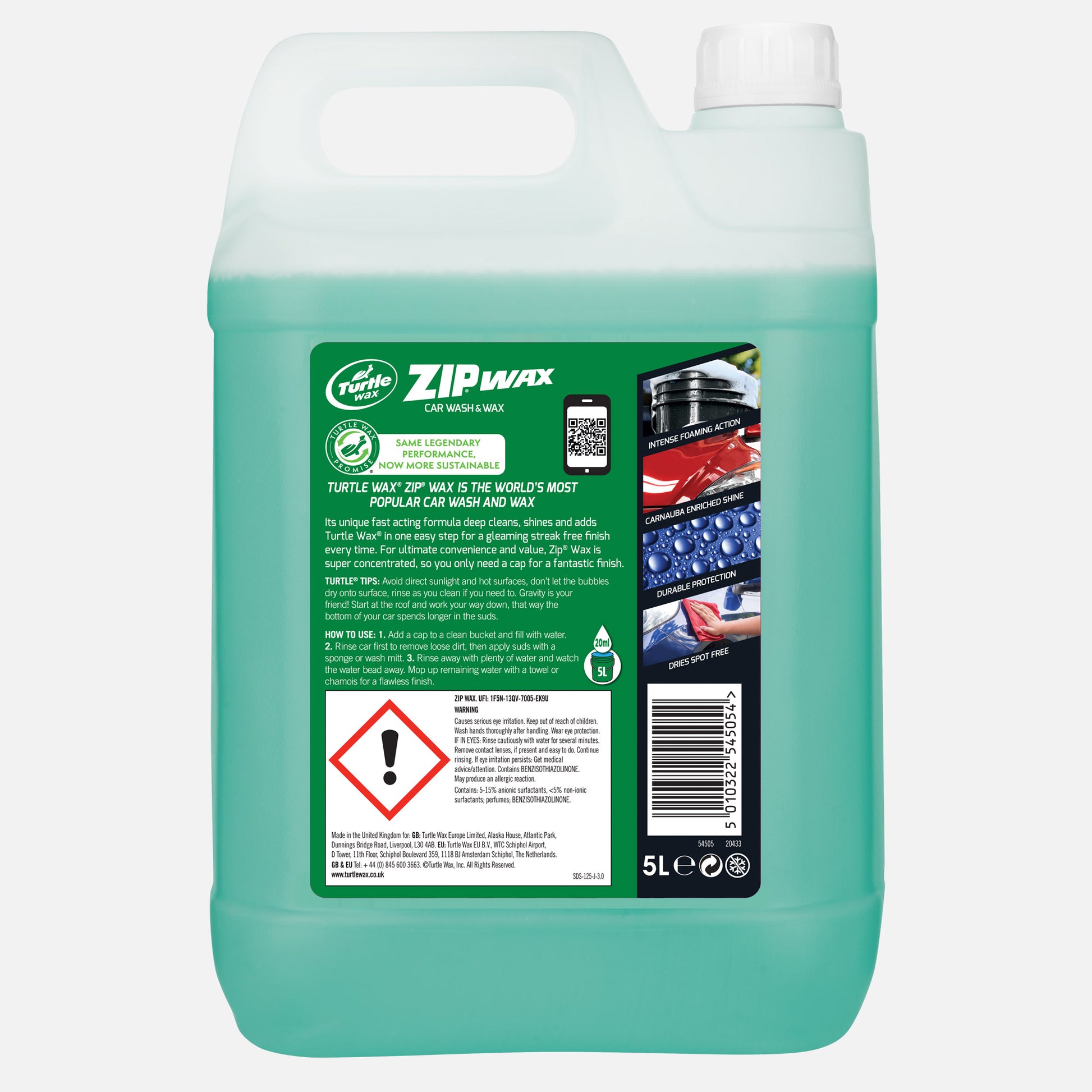 Turtle Wax Zip Wax 5L back of bottle. Car cleaning solution with intense foaming action for a streak-free, durable finish. Carnauba enriched shine.