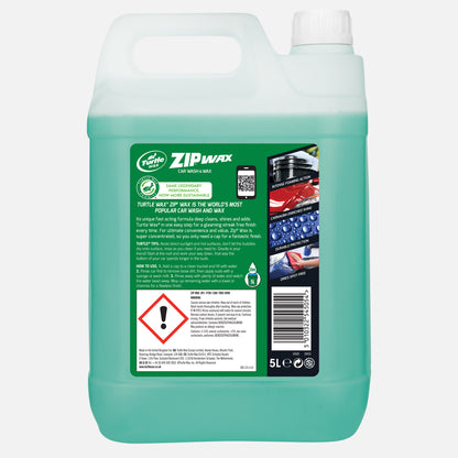 Turtle Wax Zip Wax 5L back of bottle. Car cleaning solution with intense foaming action for a streak-free, durable finish. Carnauba enriched shine.