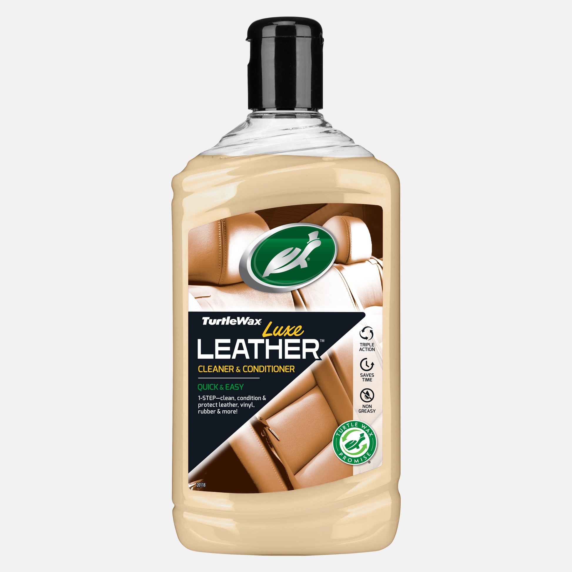 Turtle Wax Luxe Leather Cleaner and conditioner bottle showing turtle wax promise label
