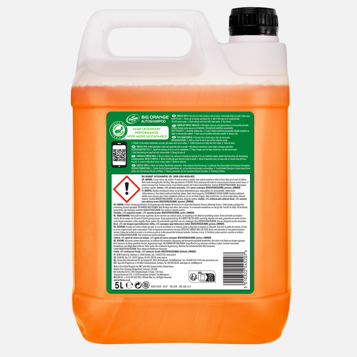 Turtle Wax Big Orange car wash fluid (5L). An orange liquid in a white container. Cleans & shines vehicles. Suitable for family cars.