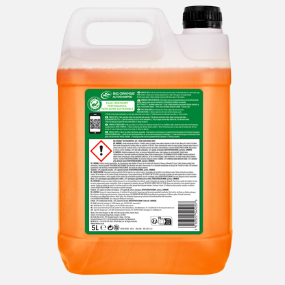 Turtle Wax Big Orange car wash fluid (5L). An orange liquid in a white container. Cleans & shines vehicles. Suitable for family cars.