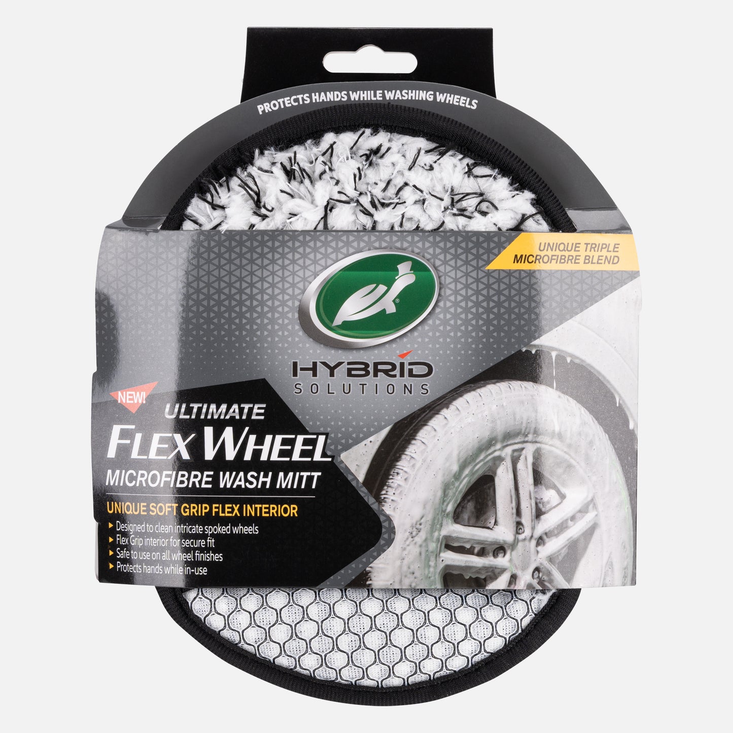 Keep car wheels gleaming with this Turtle Wax microfibre wash mitt. Safe for all wheel finishes. Features flex grip for a secure fit.