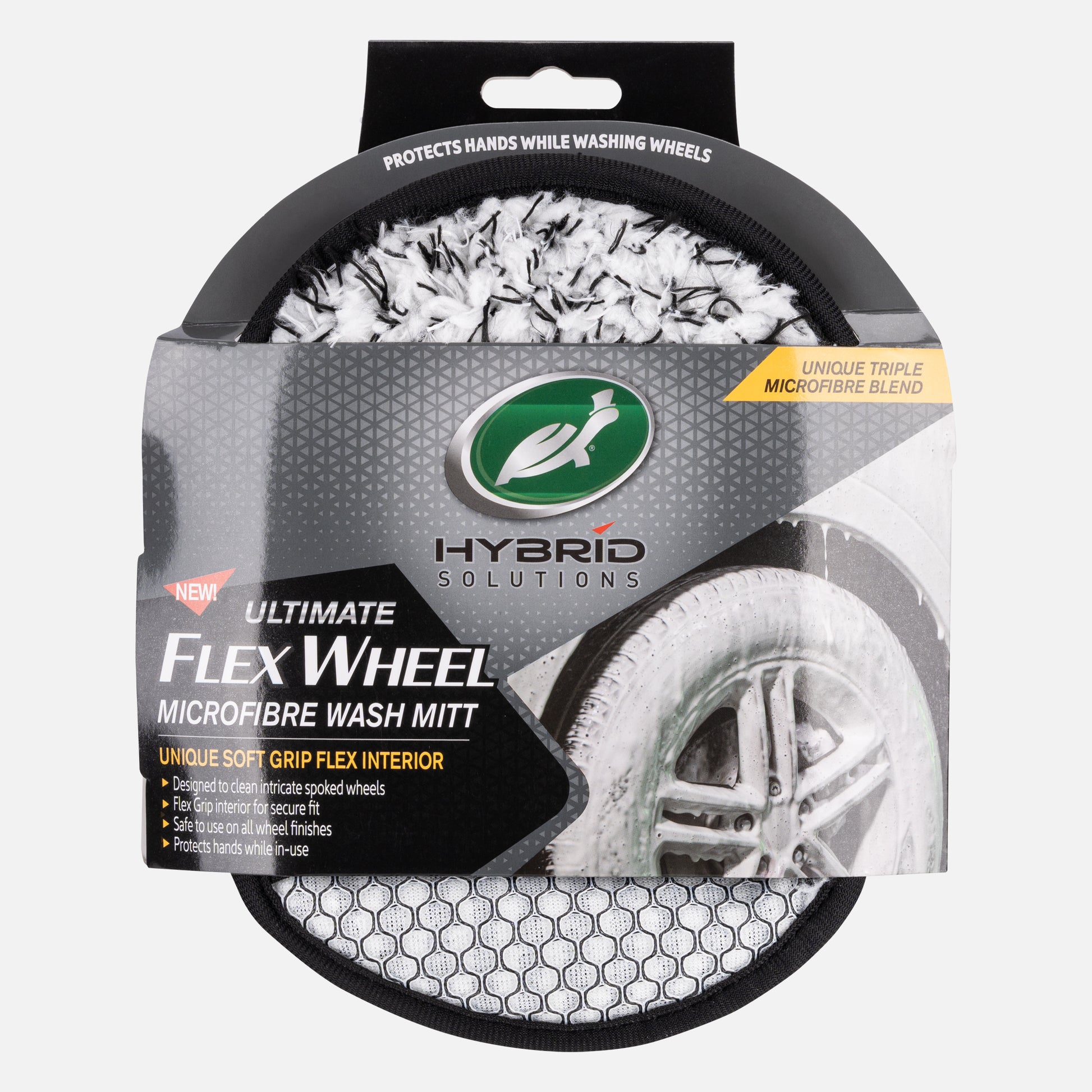 Keep car wheels gleaming with this Turtle Wax microfibre wash mitt. Safe for all wheel finishes. Features flex grip for a secure fit.