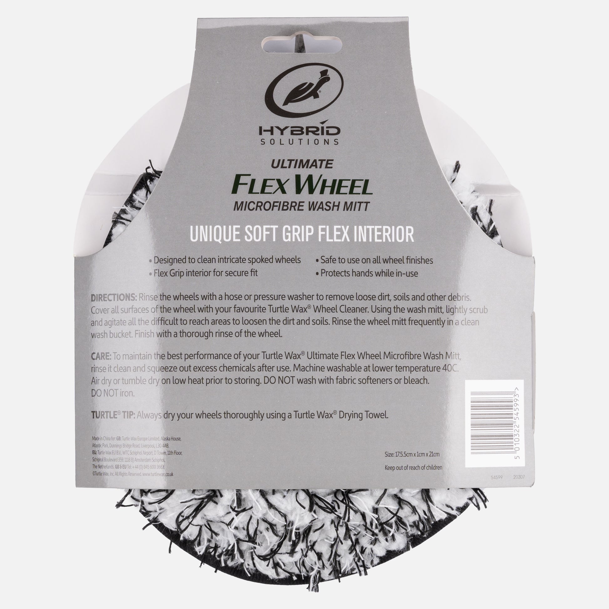 Microfibre wheel cleaning mitt with flex grip interior for washing car wheels. Safe for all wheel finishes. Turtle Wax product.
