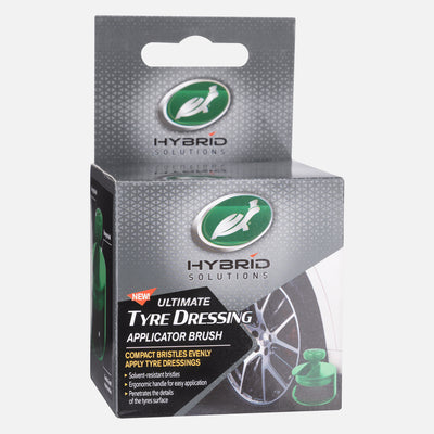 Turtle Wax Hybrid Solutions packaging for tyre dressing applicator. Evenly apply dressing with durable, compact bristles.