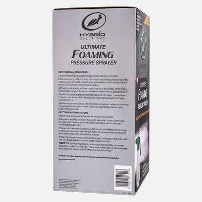 Turtle Wax product box showing a pressure sprayer for foaming. Cleaning solutions & application guidelines are listed on the packaging.