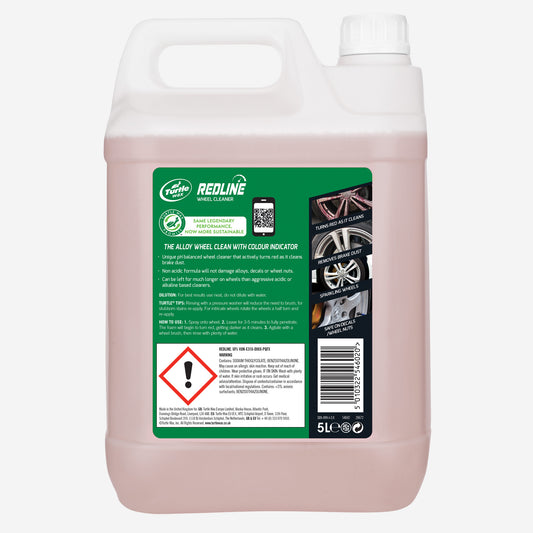 Turtle Wax Redline Wheel Cleaner, 5L. Colour indicator turns red as it cleans alloys, removing brake dust. pH neutral formula. UK made.