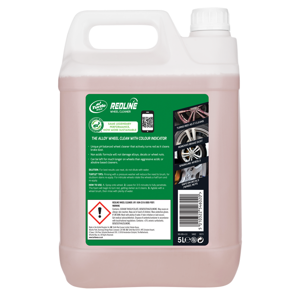 Turtle Wax Redline Wheel Cleaner, 5L. Colour indicator turns red as it cleans alloys, removing brake dust. pH neutral formula. UK made.