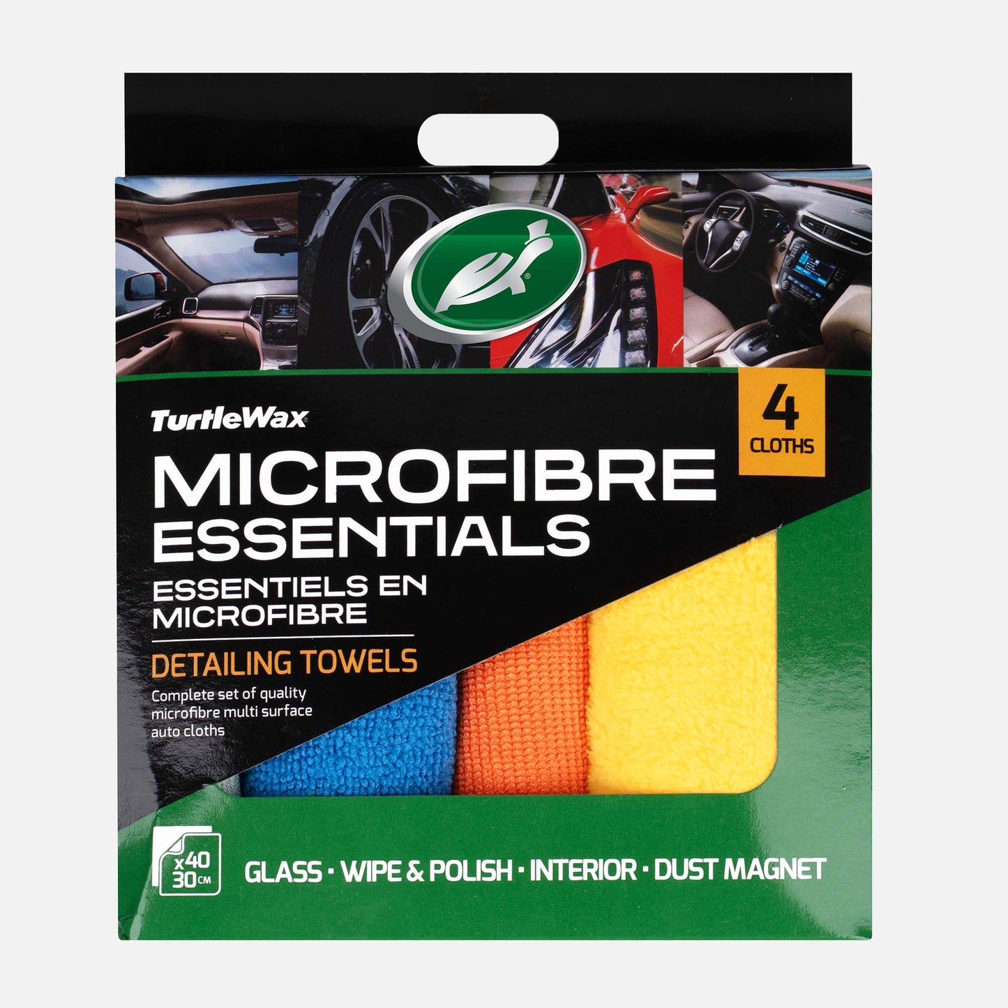 Packaging of TurtleWax Microfibre Essentials detailing towels with four cloths.