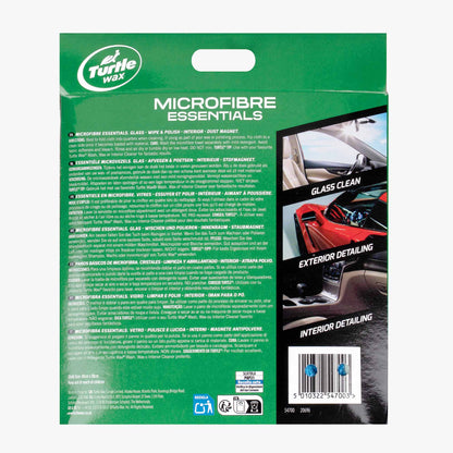 Turtle Wax microfiber essentials packaging with green background and product images.