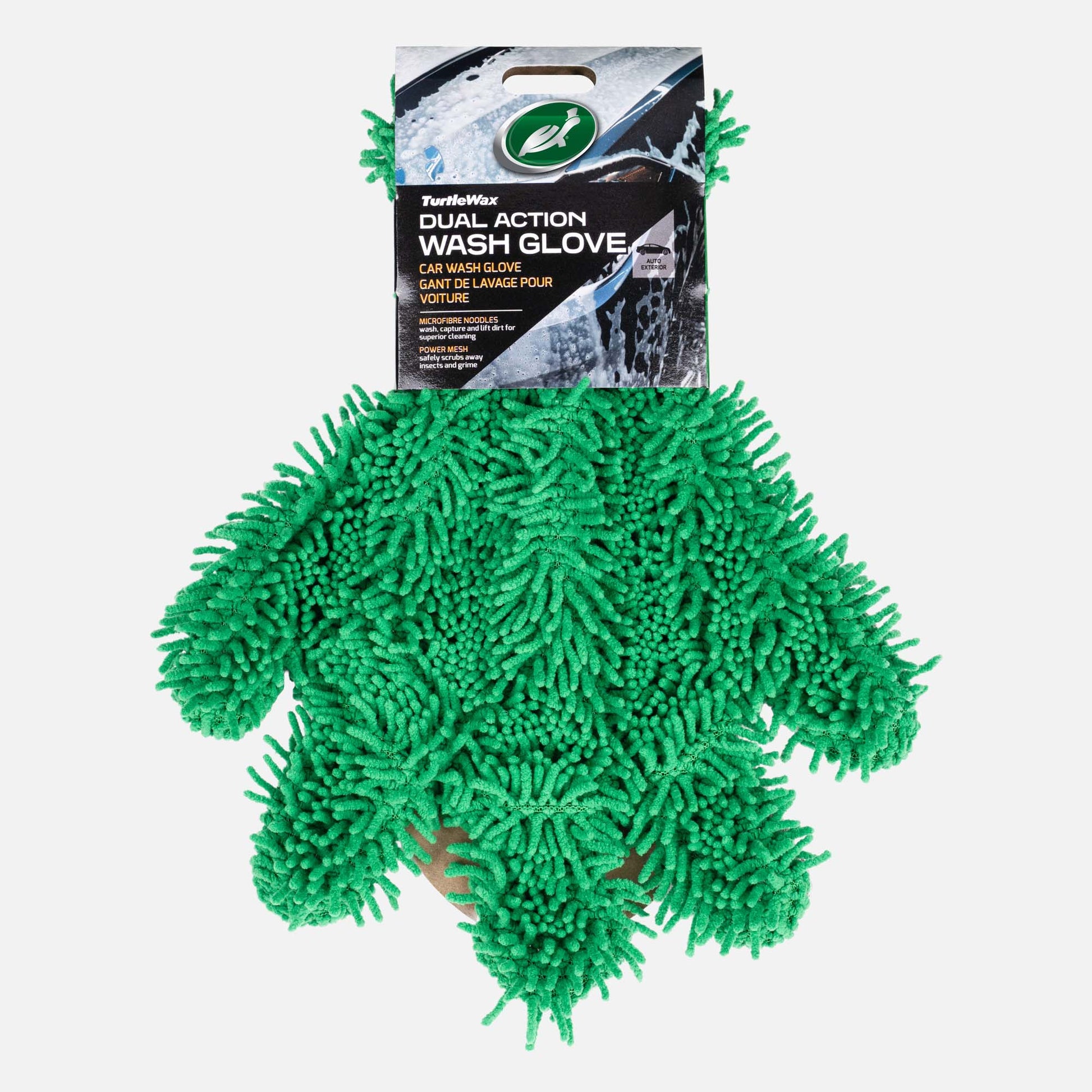 Green dual-action wash glove with packaging on a white background