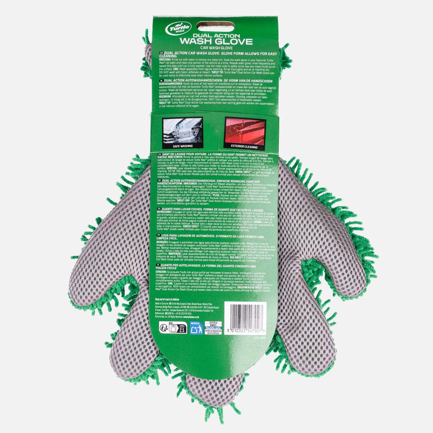 Dual-action wash glove with green packaging on a white background