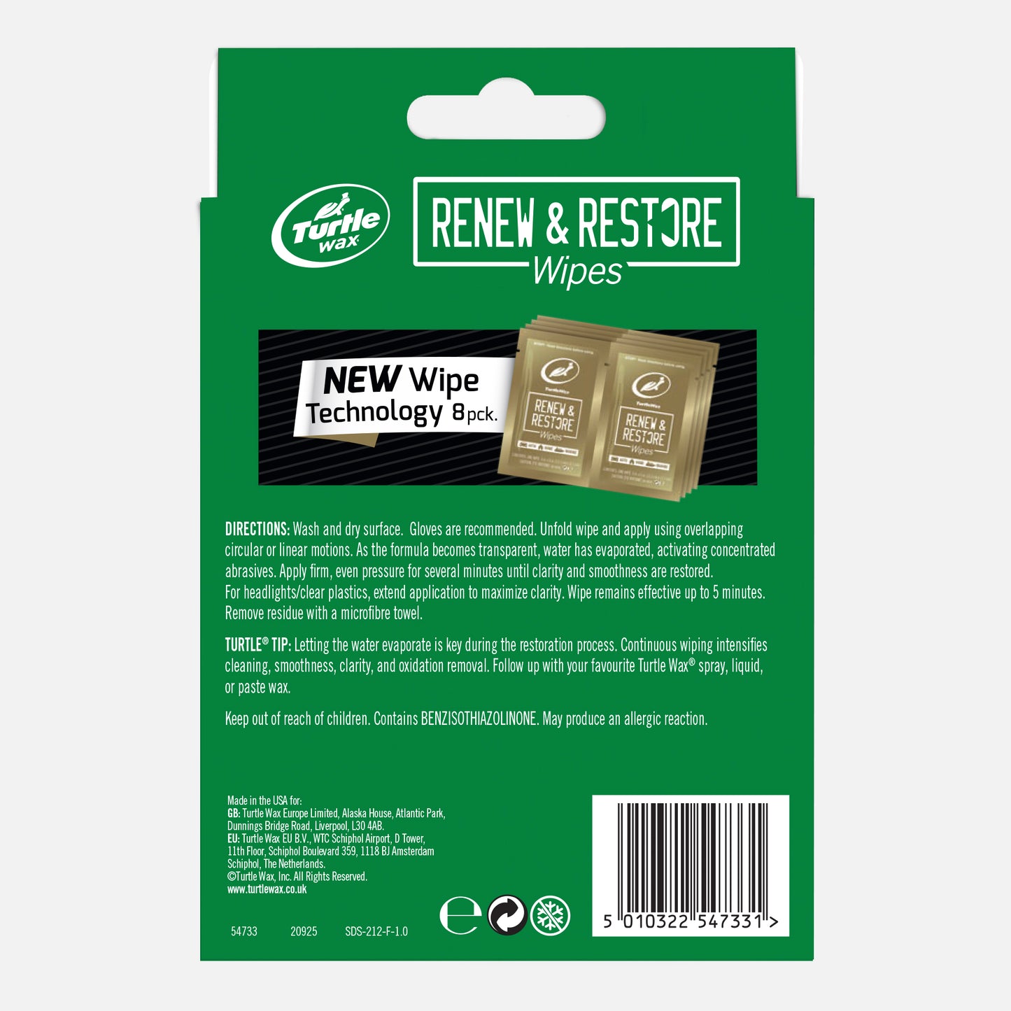 Turtle Wax Renew & Restore Wipes back of packaging