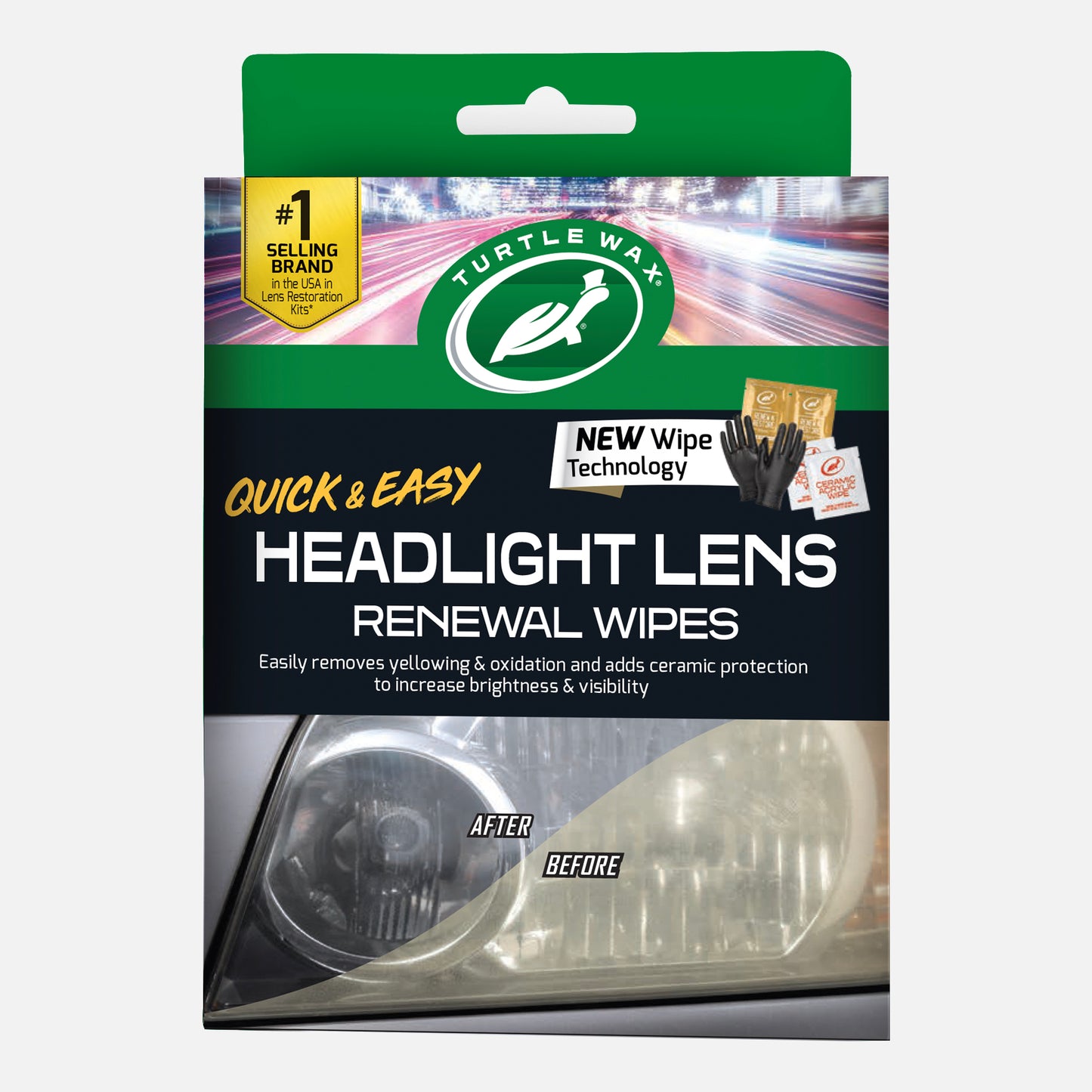 Packaging of Turtle Wax headlight lens renewal wipes with a clear headlight photo on a white background.
