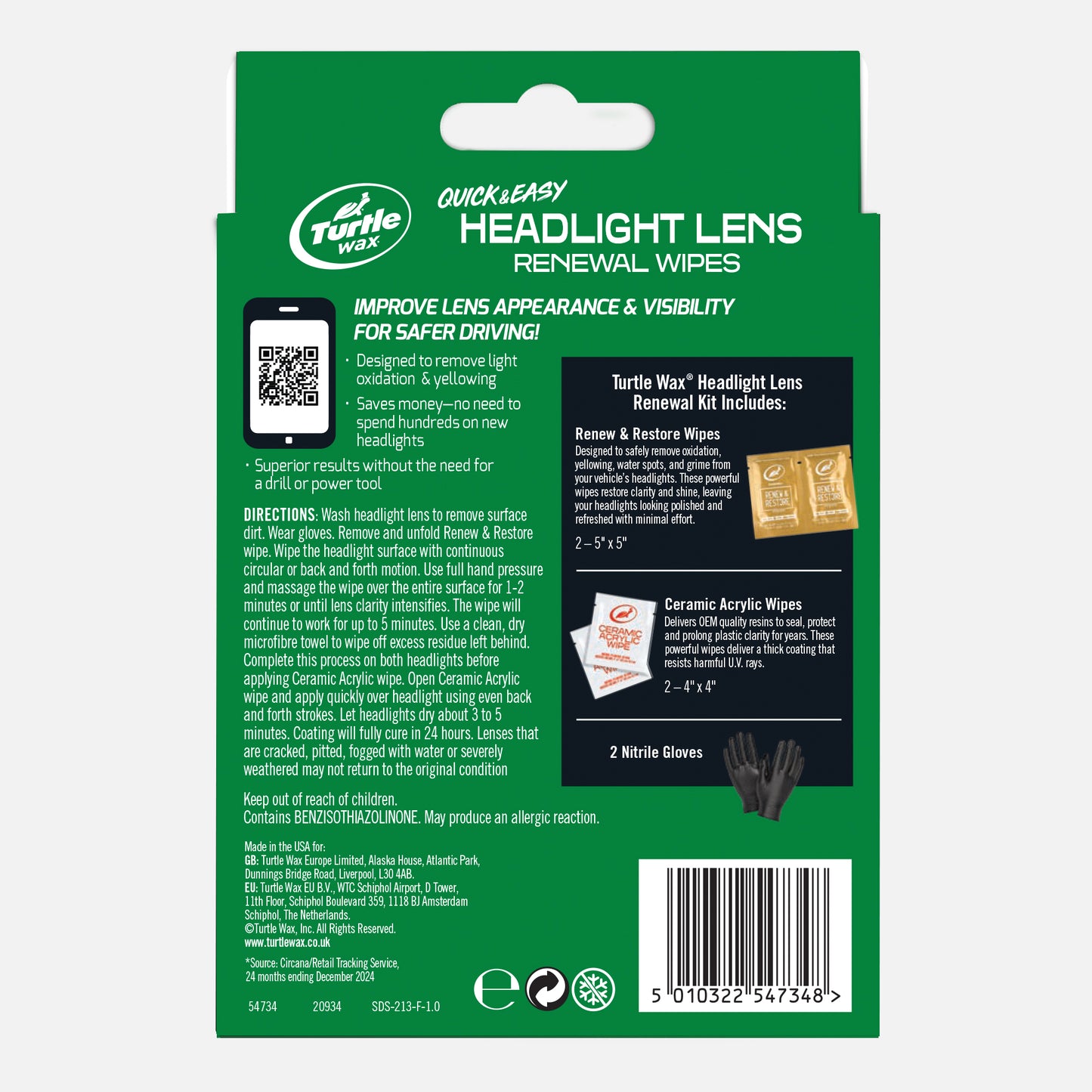 Turtle Wax headlight lens renewal wipes packaging with green background and white text.