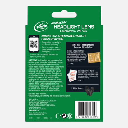 Turtle Wax headlight lens renewal wipes packaging with green background and white text.
