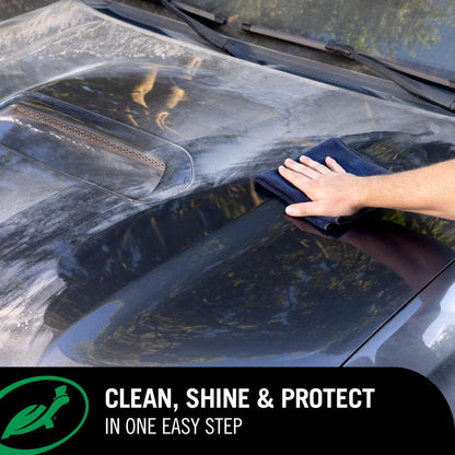 Person cleaning a car hood with 1 & Done detailer and a blue towel, with text 'Clean, Shine & Protect in One Easy Step' at the bottom.