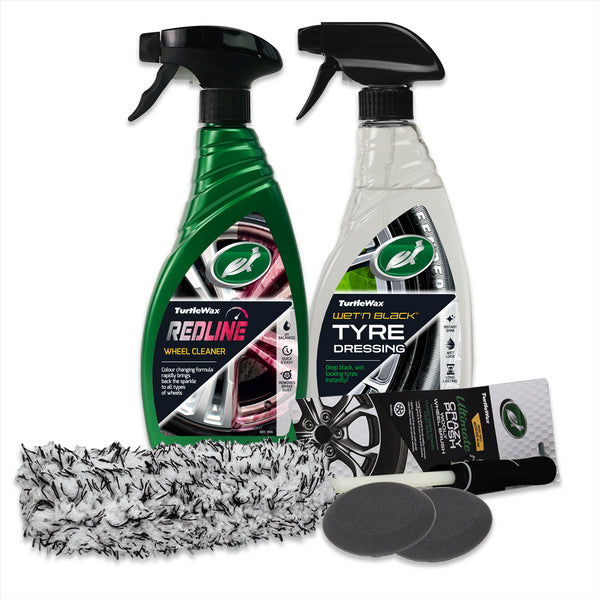 Turtle Wax Redline Wheel Cleaner and Wet'n Black Tyre Shine are shown on a white background alongside a tire brush and two grey applicator pads. 