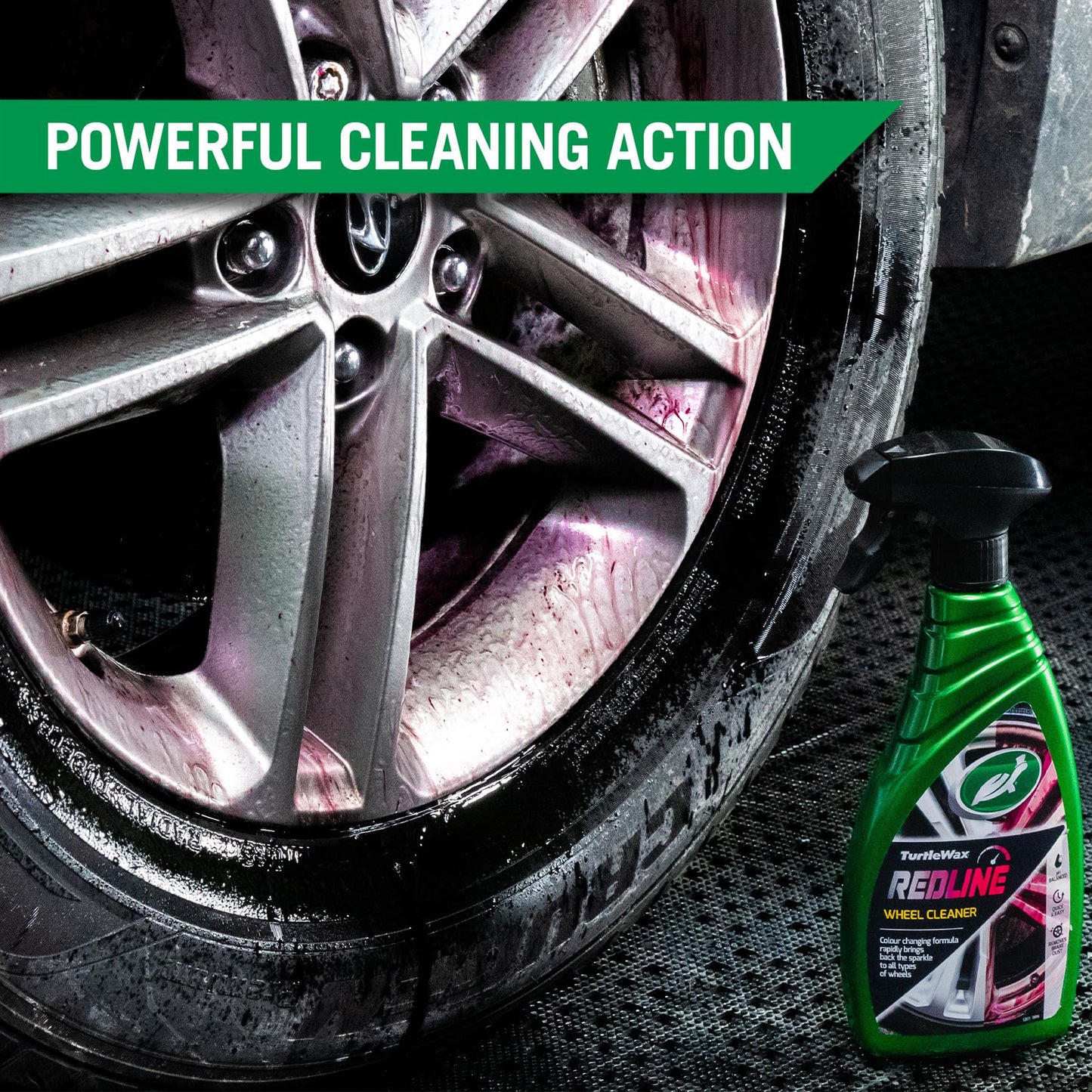Dirty alloy wheel with Turtle Wax Redline cleaner. The colour-changing formula cleans brake dust for a spotless finish, quick & easy.