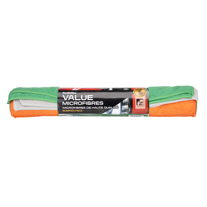 Pack of microfiber cloths with a visible brand logo on a grey background