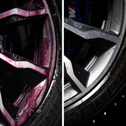 Car wheel cleaning result. Shows before & after, with colour-changing dirt dissolving & pristine alloys. Tyre details visible.
