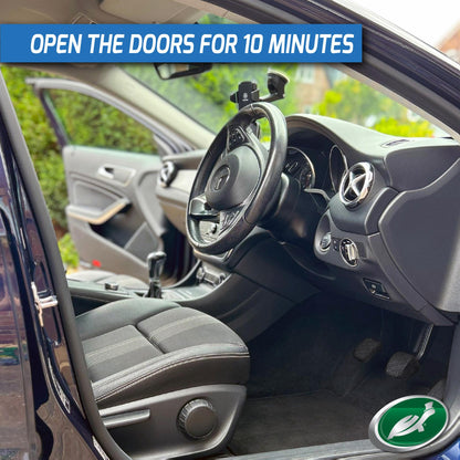 Interior shot of a car with the doors open. Features a Turtle Wax logo.