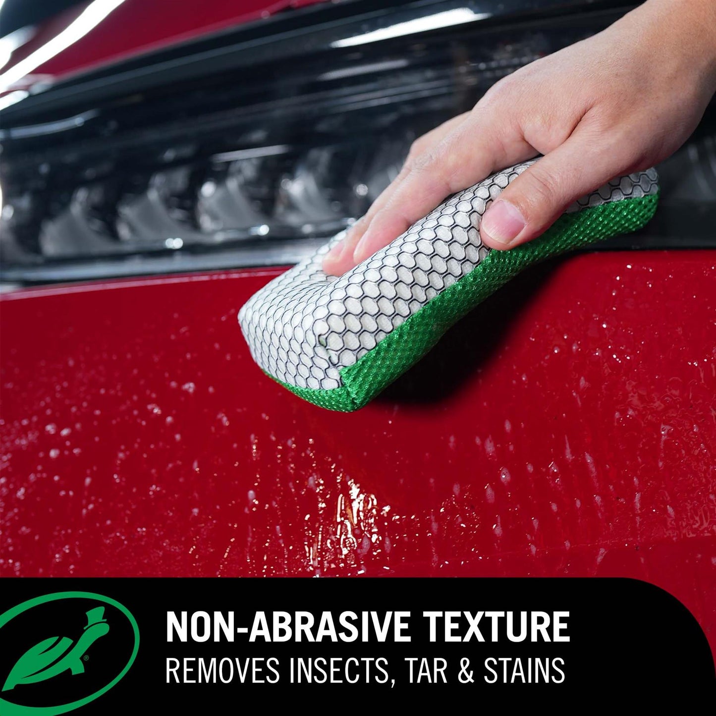 Insect Remover Sponge being used on a red car with infographic advising of its non-abrasive texture