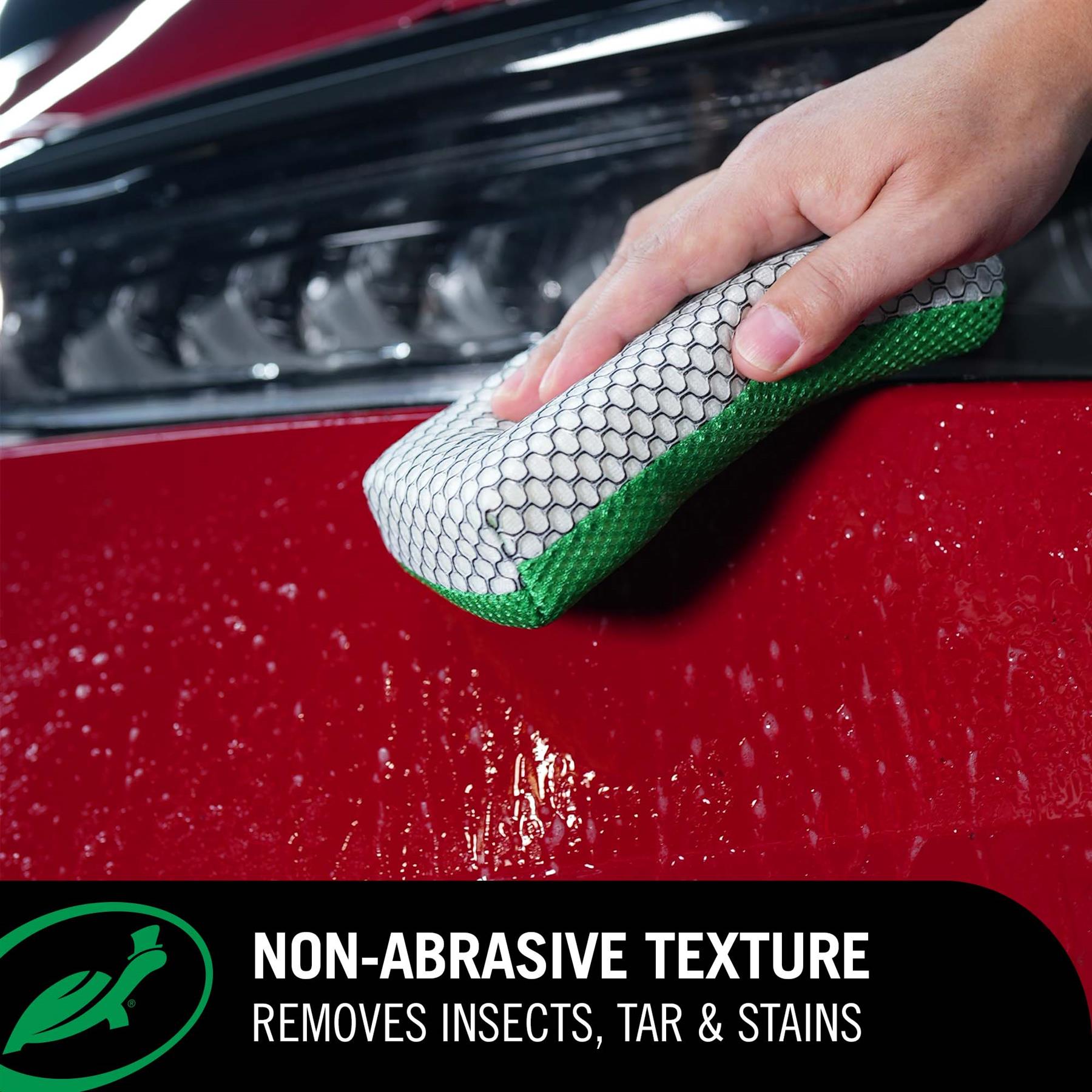 Insect Remover Sponge being used on a red car with infographic advising of its non-abrasive texture