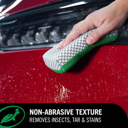 Insect Remover Sponge being used on a red car with infographic advising of its non-abrasive texture