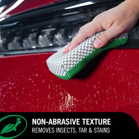 Insect Remover Sponge being used on a red car with infographic advising of its non-abrasive texture