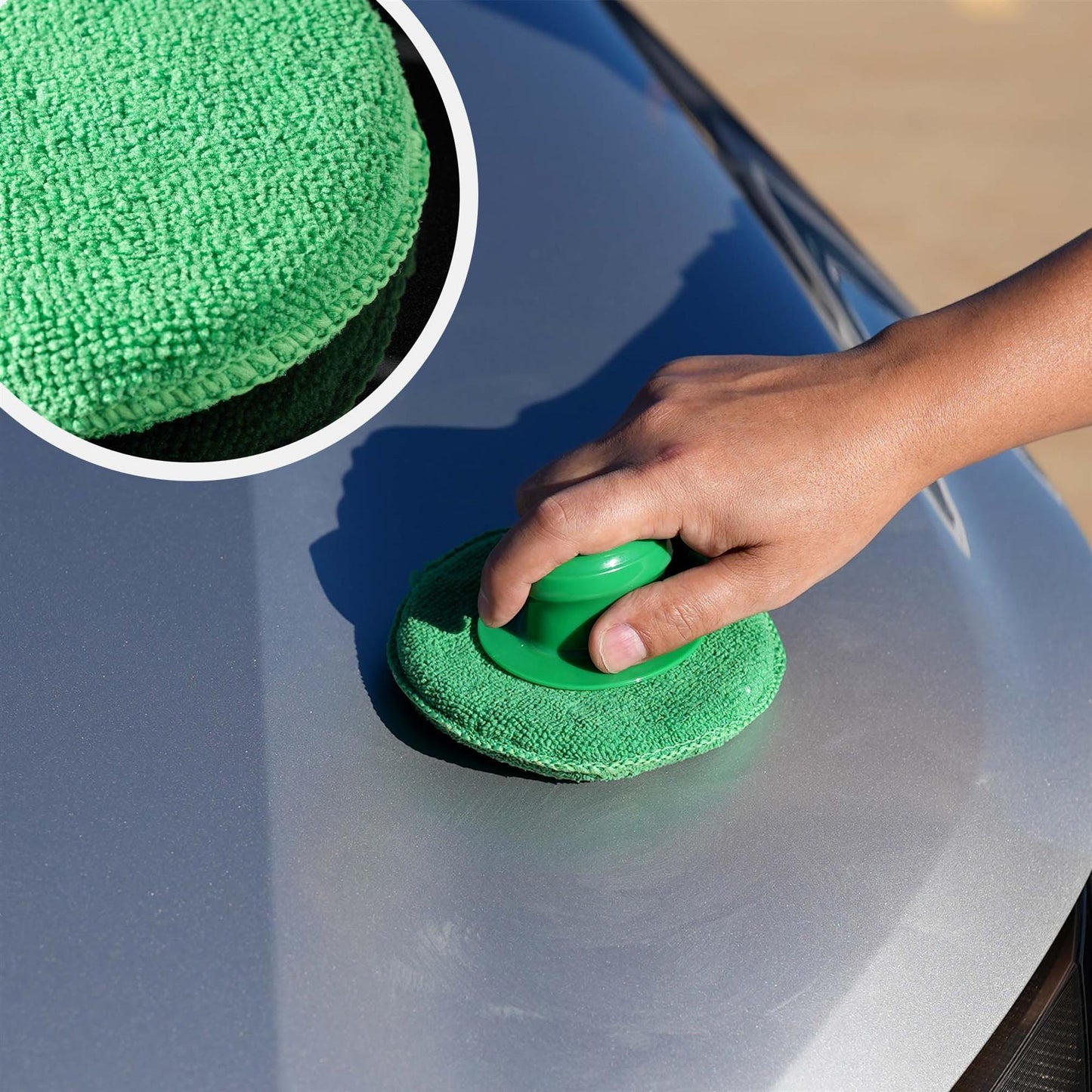 Person using a green car polishing pad on a car surface with a close-up of the pad.