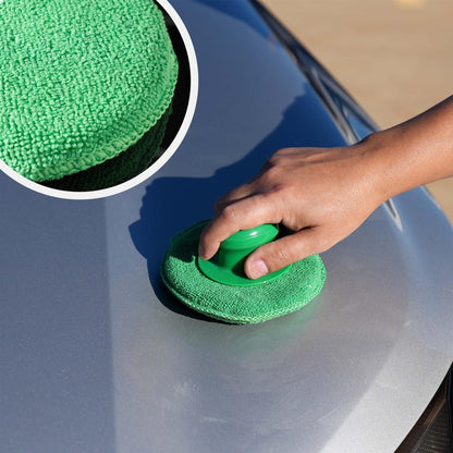 Person using a green car polishing pad on a car surface with a close-up of the pad.