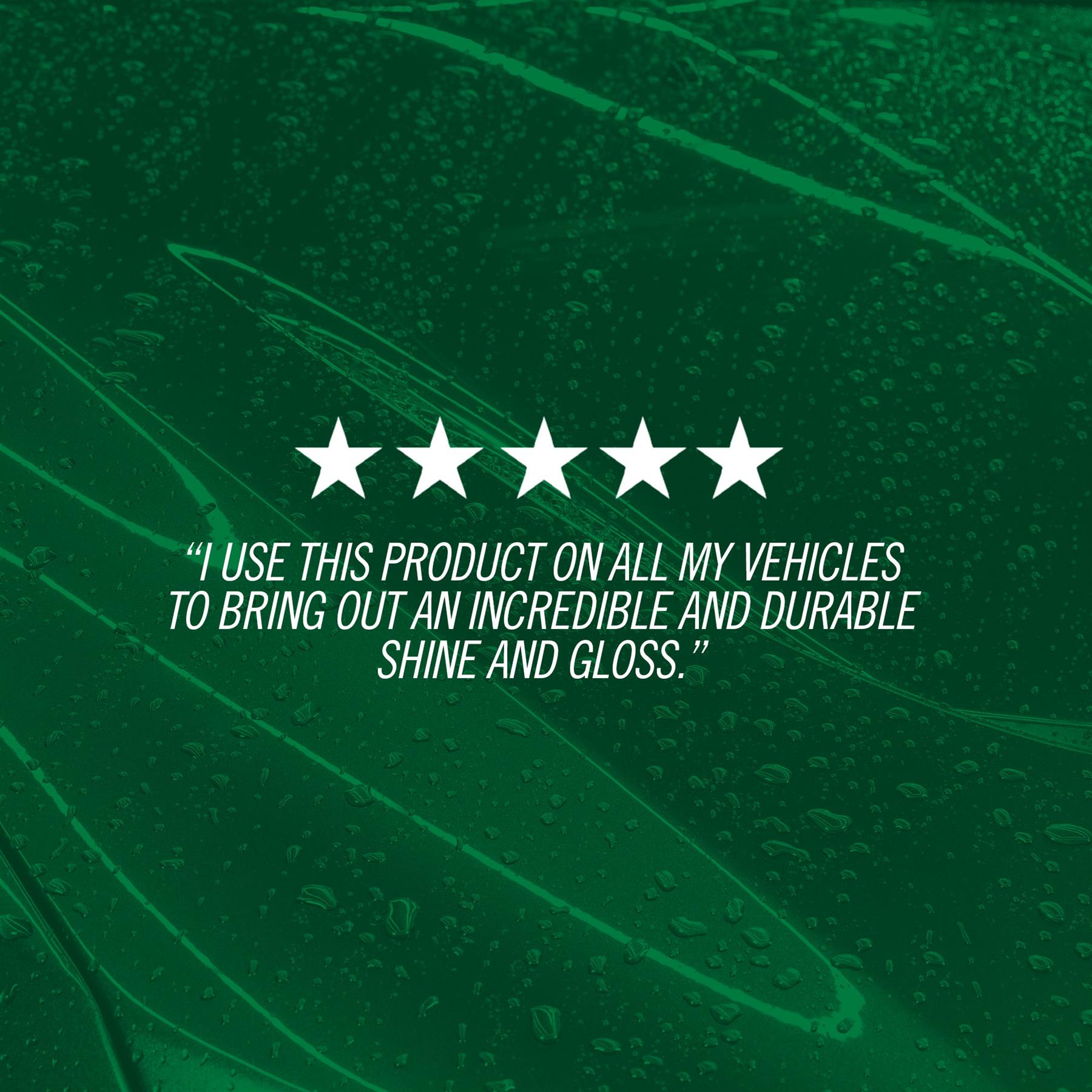 Five-star rating with a testimonial on a green background