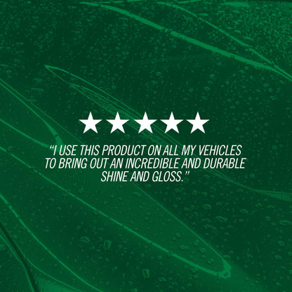 Five-star rating with a testimonial on a green background