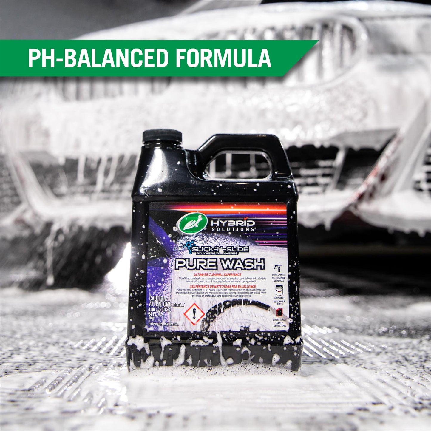 Turtle Wax Hybrid Solutions Pure Wash: pH balanced, slick polymer car wash solution for thick, clinging foam that rinses clean.