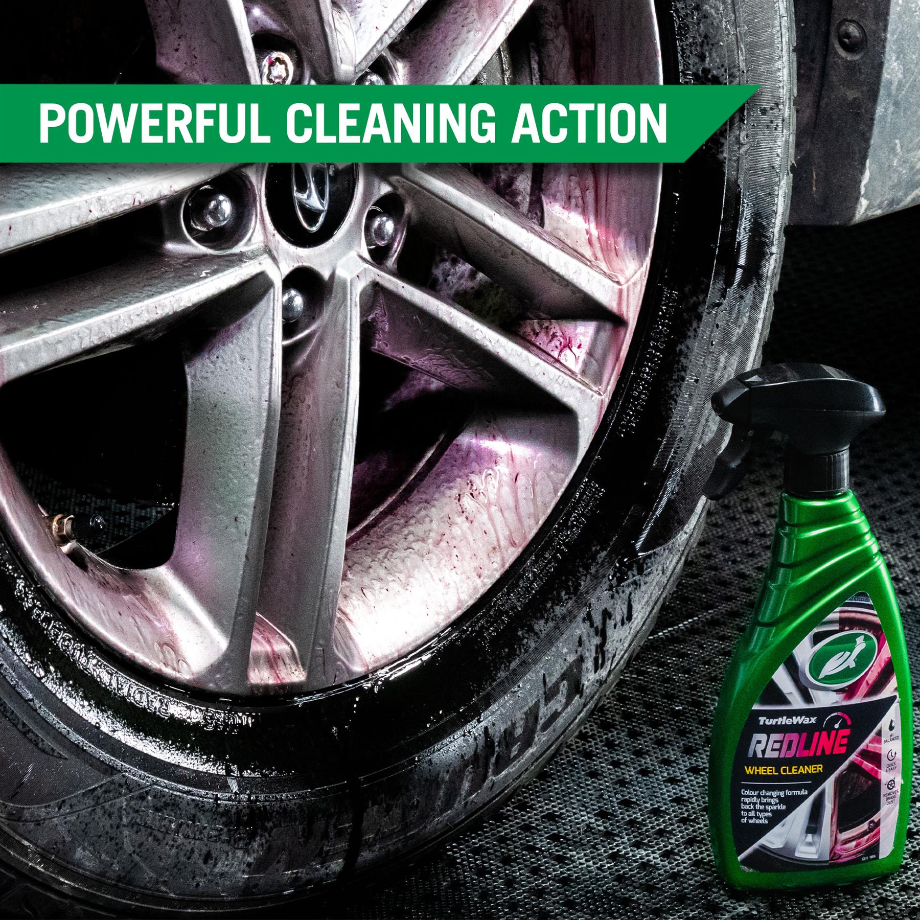 Dirty alloy wheel, tyre, and Turtle Wax Redline wheel cleaner product image. Car detailing and valeting supplies, powerful cleaning.