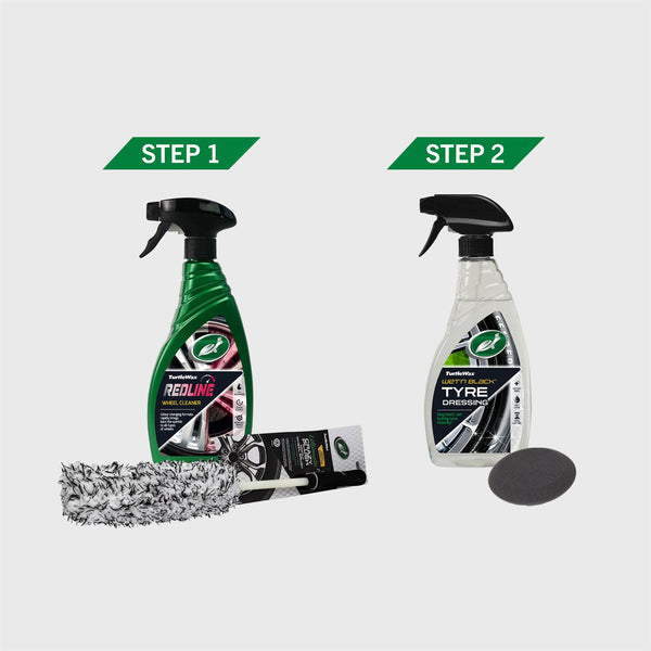 The two step process of the kit is shown. Step one shows an image of Turtle Wax Redline Wheel Cleaner with a tire brush and step two shows Wet'n Black Tyre Dressing with an applicator pad. 