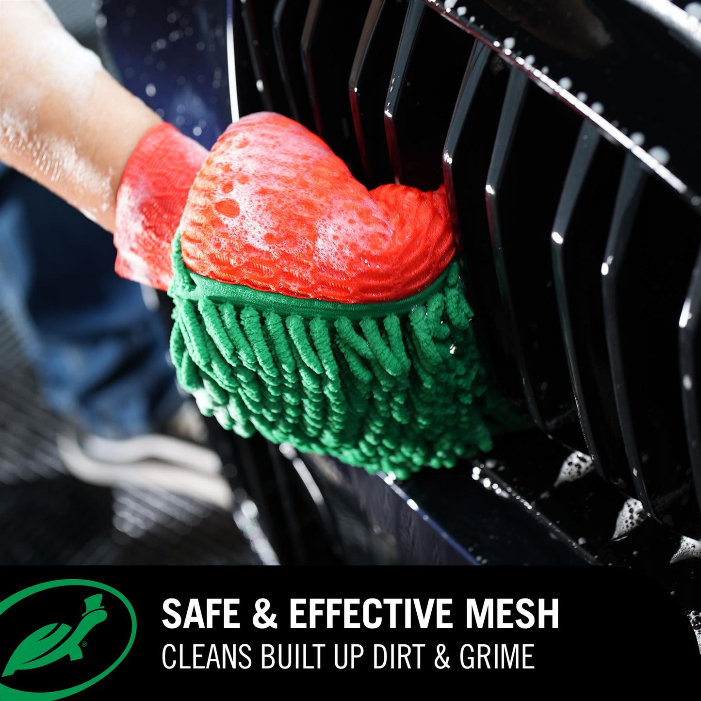 Image of ZIP Wax Wash Mitt being used on a black car with an infographic outlining safe and effective mesh that cleans built up dirt and grime