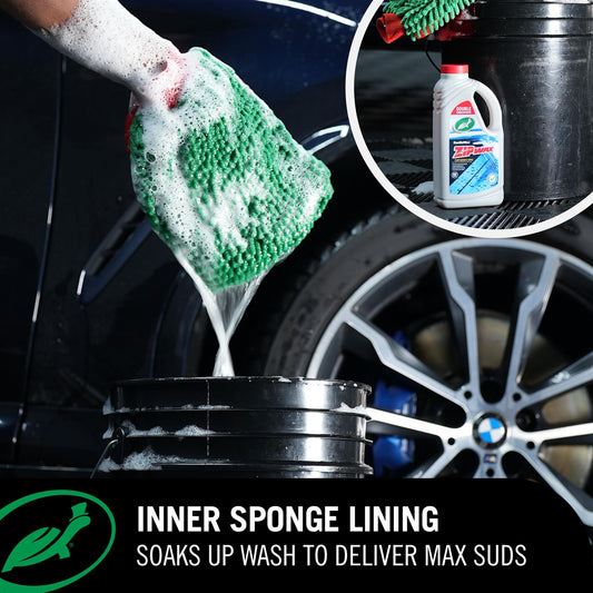 Image of ZIP Wax Wash Mitt dripped in Zip Wax car wash ready to be used on a black car