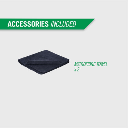Car care kit: two blue microfibre towels for detailing and interior cleaning. Accessories included shown.