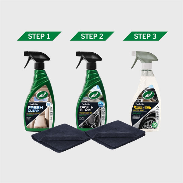 The three step process of the Essentials Interior Car Care Kit is shown. Step one shows fresh clean, step two shows Dash & Glass, and step 3 shows Inside & Out Protectant. 