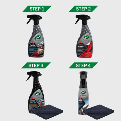 Turtle Wax interior care. Four steps: fabric surface cleaner, fabric protector, inside detailer & glass mist, accompanied by microfibres.